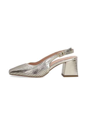 Metallic silver slingback pump with a pointed toe and textured diagonal stripes; features a block heel and a buckle strap for adjustment.