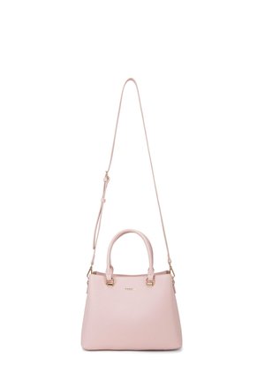 Light pink leather handbag with a structured design, dual handles, and a detachable shoulder strap. Gold-tone hardware accents included.