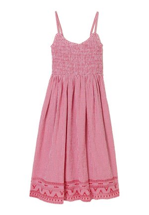 Punavalkoinen ruudullinen midimekko, jossa on smokkaukset yläosassa, ohuet olkaimet, kerätty helma ja kirjailtu helmikoristelu.