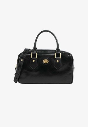 Borsa a mano nera in pelle con doppi manici, tracolla regolabile e hardware in tonalità oro che presenta una placca centrale ovale con logo.