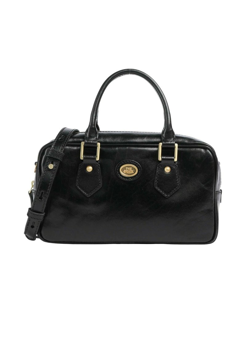 Borsa a mano nera in pelle con doppi manici, tracolla regolabile e hardware in tonalità oro che presenta una placca centrale ovale con logo.