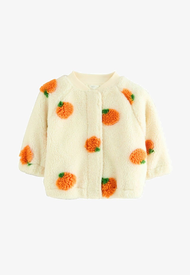 Veste enfant crème et duveteuse avec des motifs pompons fruits orange et verts, manches longues et col rond.