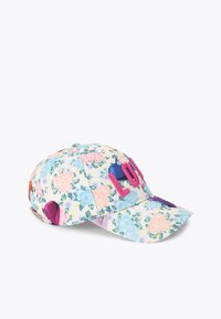 Bloemenpet met pastelkleurige bloemen, levendig gekleurde harten en geborduurde "LOVE" in vette roze letters. Gebogen klep en verstelbare achterkant.