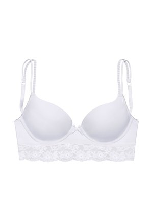 Reggiseno bianco imbottito con spalline regolabili e bordo in pizzo floreale lungo il bordo inferiore.