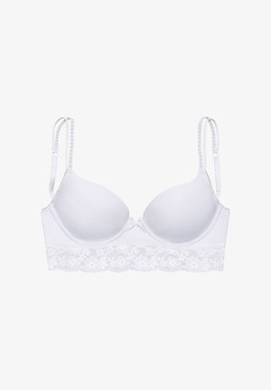 Reggiseno bianco imbottito con spalline regolabili e bordo in pizzo floreale lungo il bordo inferiore.