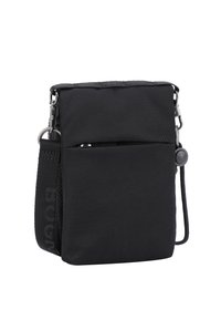 Borsa a tracolla nera in tessuto con chiusura a zip, tasca frontale, tracolla regolabile e discreta personalizzazione del logo sul lato. Finitura testurizzata.