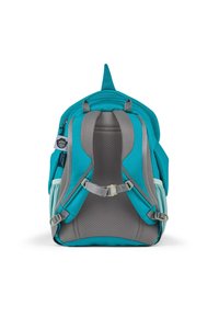 Türkisfarbener Rucksack mit grauen Akzenten, gepolsterten Trägern und Mesh-Rücken für Belüftung. Verfügt über ein Design in Form einer Rückenflosse und eine vordere Reißverschlusstasche.