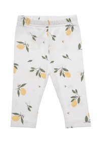 Baumwollleggings mit weißem Grund und einem Muster aus Zitronen und Blättern. Weiche Textur, elastischer Bund und taillierte Passform.