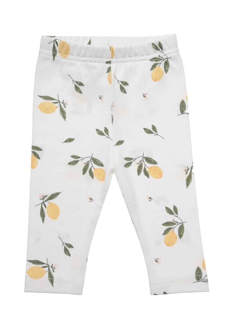 Baumwollleggings mit weißem Grund und einem Muster aus Zitronen und Blättern. Weiche Textur, elastischer Bund und taillierte Passform.
