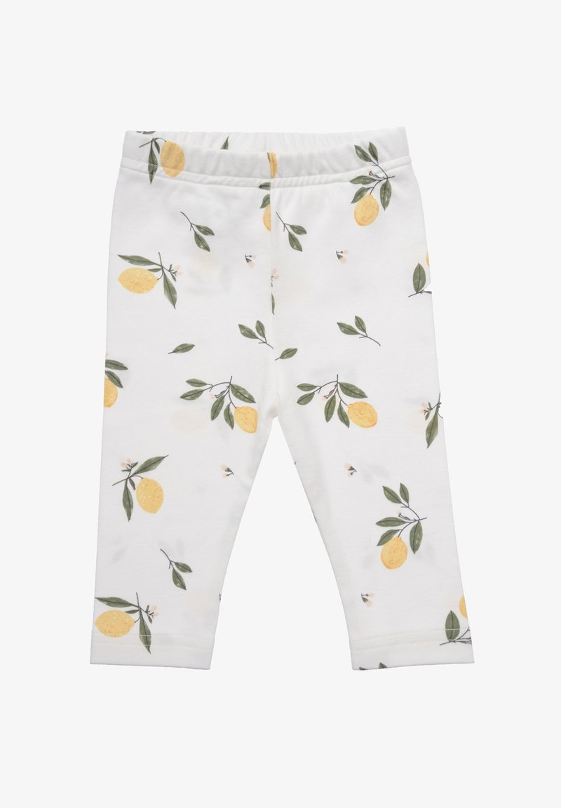 Baumwollleggings mit weißem Grund und einem Muster aus Zitronen und Blättern. Weiche Textur, elastischer Bund und taillierte Passform.
