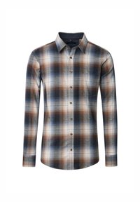 Langärmliges, hemdblusenartiges Karohemd in Grau, Blau und Braun. Verf�ügt über eine Brusttasche und ein klassisches Kragen-design. Weiche Stofftextur.