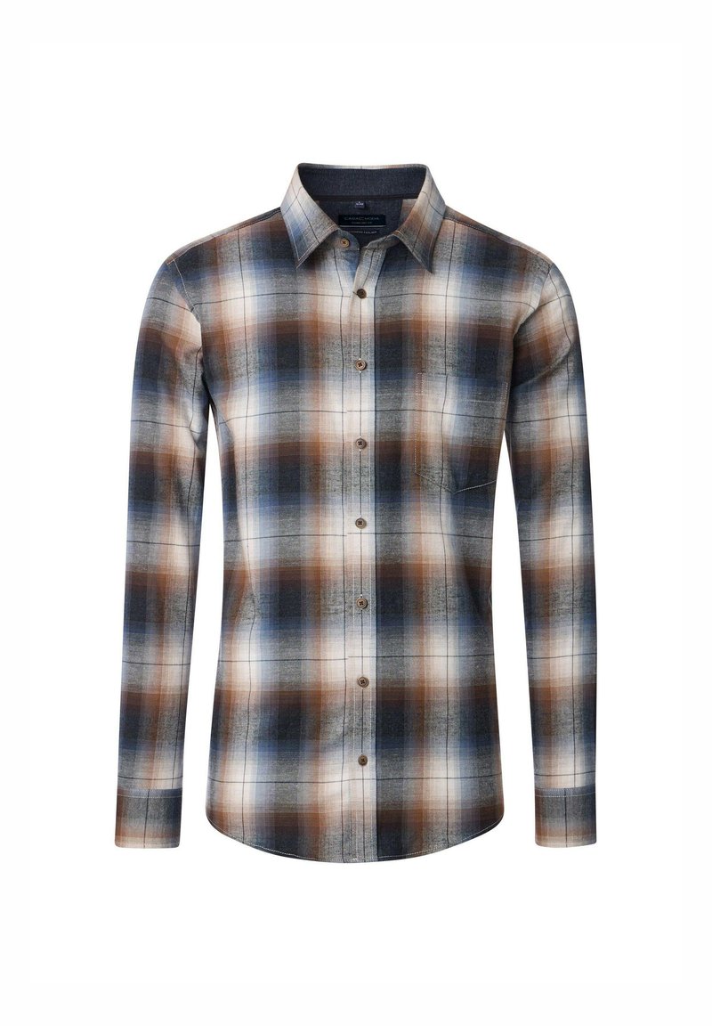 Langärmliges, hemdblusenartiges Karohemd in Grau, Blau und Braun. Verfügt über eine Brusttasche und ein klassisches Kragen-design. Weiche Stofftextur.