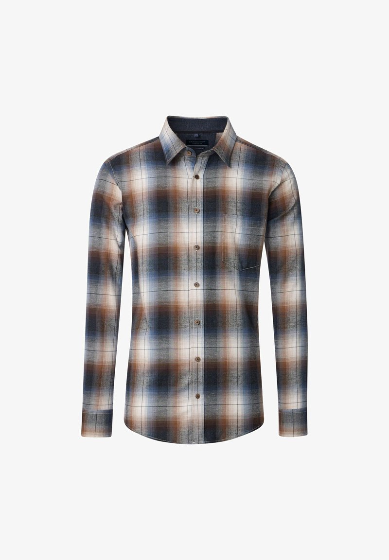 Long-sleeve, button-up plaid shirt in gray, blue, and brown. Features a chest pocket and a classic collar design. Soft fabric texture.