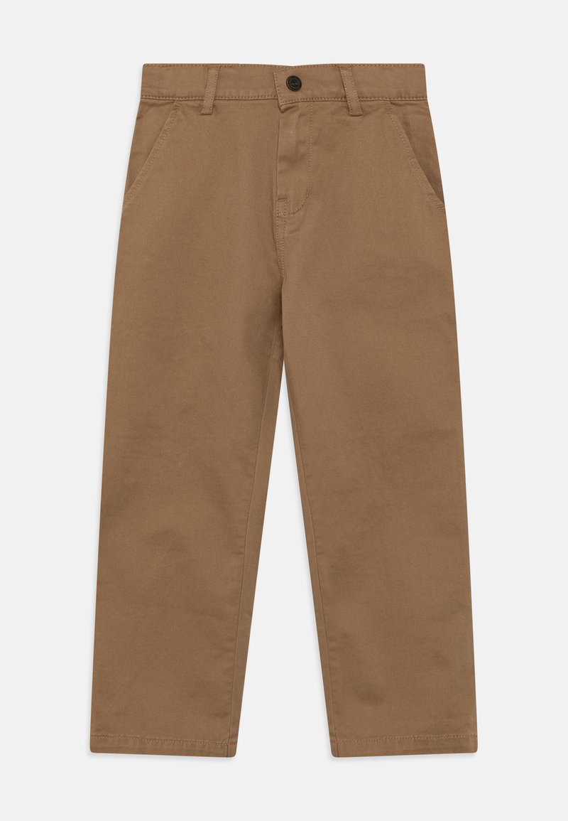 Brown cotton trousers with a straight cut, featuring a button closure, two front pockets, and a smooth texture.