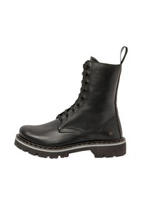 Botte chelsea en cuir noir avec un bout rond, 12 œillets de laçage, une surface texturée et une semelle en caoutchouc avec un motif de couture contrastant.