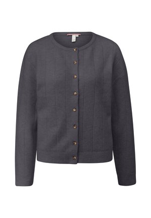 Cardigan grigio lavorato a maglia con maniche lunghe, scollatura rotonda e sei bottoni di legno sul davanti. Presenta una texture a coste verticali.