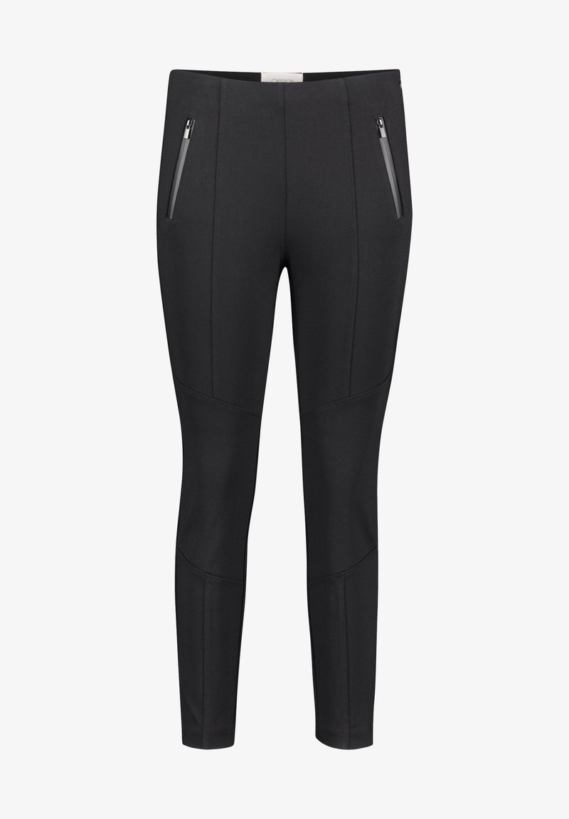 Pantalon noir slim avec poches zippées à l'avant, détails de couture sur les cuisses et les mollets, coupe droite et taille élastique.