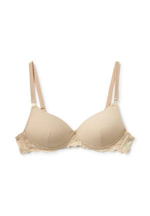 Sostegno in pizzo beige con coppe imbottite, spalline regolabili e una texture liscia. Presenta stecche e chiusura a gancetto sul retro.