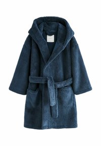 Dunkelblaue Kapuzenschlafanzug aus weichem, strukturiertem Stoff, ausgestattet mit einem Bindegürtel, zwei Vorderaschen und kurzen Ärmeln.