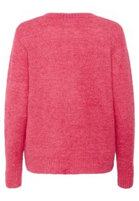 Pull en tricot rose avec un col et des poignets côtelés. Doté d'un tissu doux et texturé et d'une coupe décontractée. Vue arrière affichée.