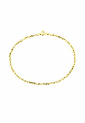 Delicada pulsera de cadena de oro con eslabones pequeños entrelazados y cierre redondo de resorte sobre fondo blanco.