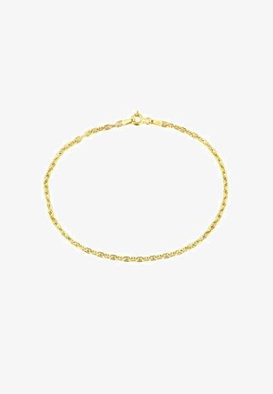 Delicada pulsera de cadena de oro con eslabones pequeños entrelazados y cierre redondo de resorte sobre fondo blanco.