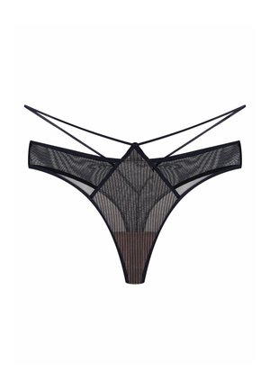 Black mesh thong with a striped pattern, featuring a triangular design and thin crossed straps. Soft texture with minimal coverage.