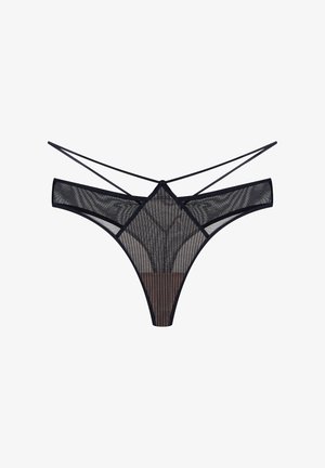 Black mesh thong with a striped pattern, featuring a triangular design and thin crossed straps. Soft texture with minimal coverage.