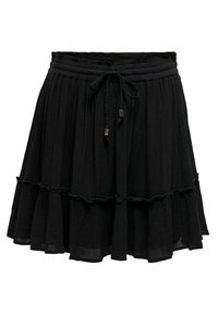 Jupe noire à volants faite d'un tissu léger. Présente une taille à cordon avec des accents en argent et un ourlet froncé, créant une silhouette fluide.