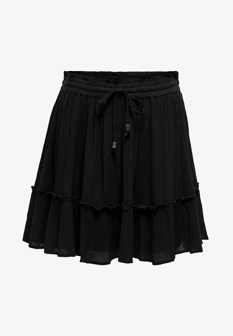 Black tiered skirt made of lightweight fabric. Features a drawstring waist with silver accents and a ruffled hem, creating a flowing silhouette.