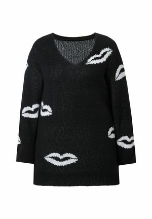 Schwarzer Strickpullover mit V-Ausschnitt, langen Ärmeln und weißen Lippenabdruckmustern über den gesamten Pullover verteilt. Die Textur wirkt weich und gemütlich.
