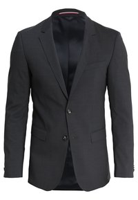 Dunkelgrauer Blazer mit einer glatten Textur, einreihigem Design, zwei Fronttaschen und schwarzen Knöpfen; verfügt über ein rot akzentuiertes Futter.