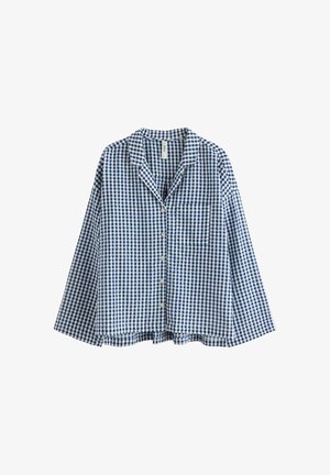 Camicia a quadri blu e bianca con maniche lunghe, colletto e una tasca sul petto. Tessuto morbido con una vestibilità comoda.