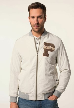 Lightweight white bomber jacket with a grey collar and cuffs, featuring a brown embroidered letter 'P' and the word "Heritage."