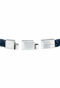 Braided navy blue leather bracelet featuring polished silver metal clasp ends, with a subtle engraved logo detail on one clasp.