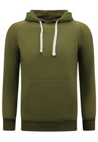 Olijfgroene hoodie met een witte trekkoord, een voorste kangaroo pocket, ribbelmanchetten en -zoom, gemaakt van een zachte, gestructureerde stof.