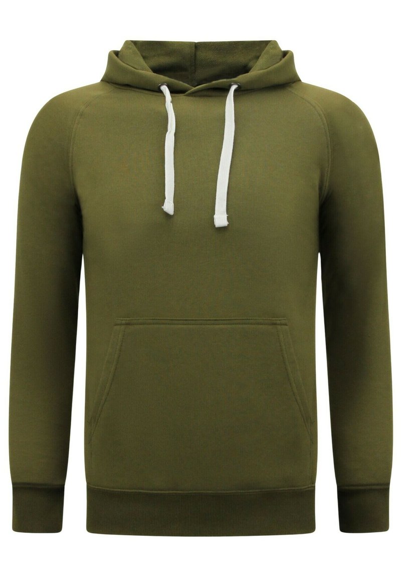 Olijfgroene hoodie met een witte trekkoord, een voorste kangaroo pocket, ribbelmanchetten en -zoom, gemaakt van een zachte, gestructureerde stof.
