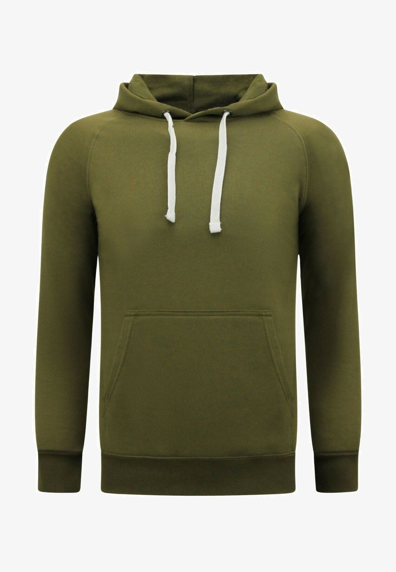 Olijfgroene hoodie met een witte trekkoord, een voorste kangaroo pocket, ribbelmanchetten en -zoom, gemaakt van een zachte, gestructureerde stof.