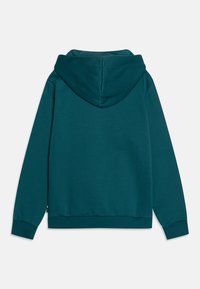 Sudadera color verde azulado hecha de material suave, con una capucha grande, mangas largas y un dobladillo acanalado. La parte posterior es lisa, sin adornos adicionales.