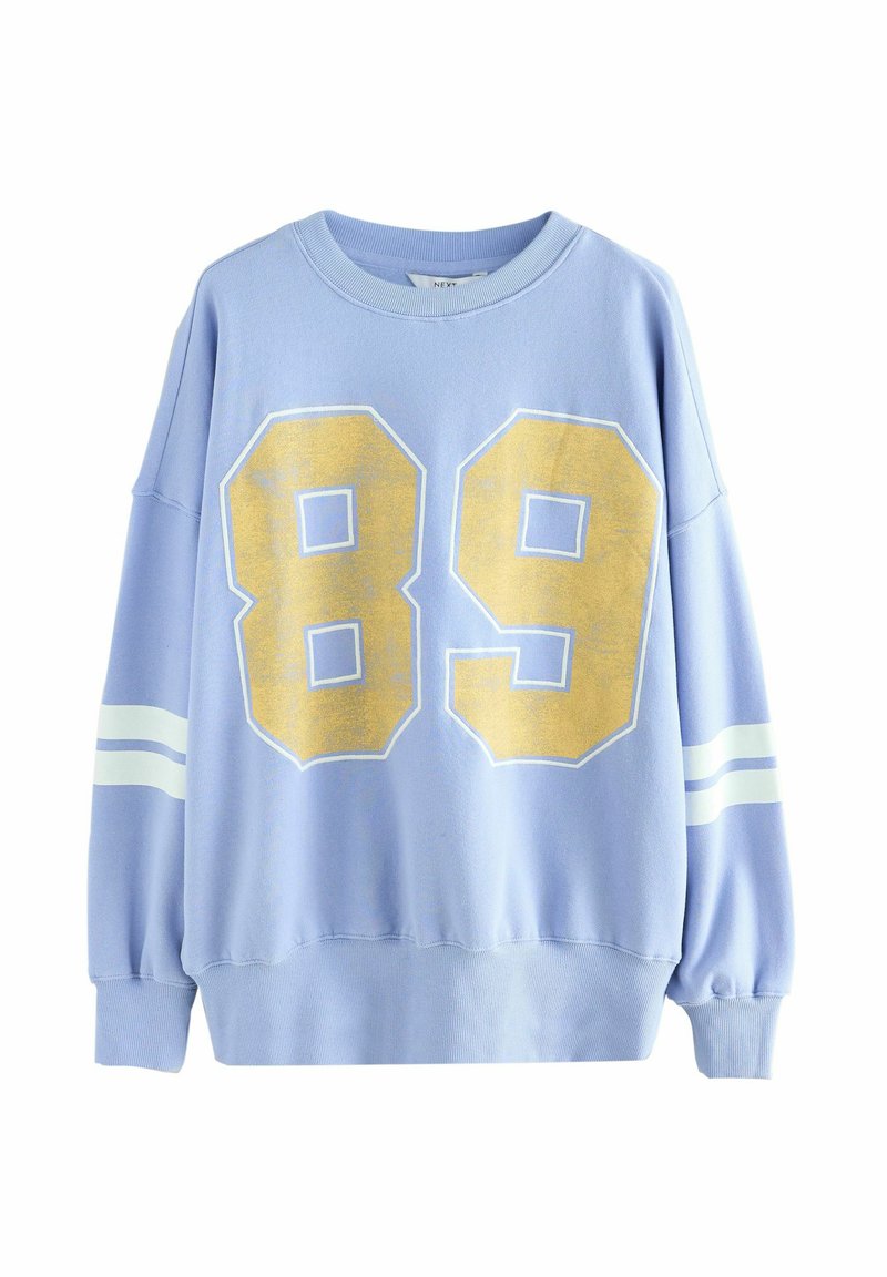Felpa azzurra con grande numero "89" bianco e oro sul davanti, presenta accenti a righe bianche sulle maniche e orlo a costine.