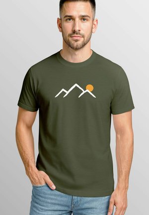 Olive green t-shirt featuring a white mountain range and orange sun graphic. Short sleeves, classic fit, with soft texture.