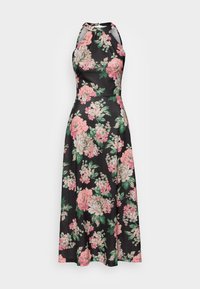 Robe maxi florale en tissu noir, ornée de grandes fleurs roses et vertes, avec un design à col halter et une silhouette fluide.