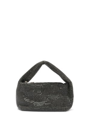 Kleine schwarze Handtasche, bedeckt mit winzigen glänzenden Strasssteinen, mit kurzem, gepolstertem Griff und einem Reißverschluss oben.