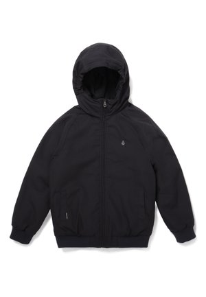 Veste noire à capuche avec fermeture éclair à l'avant, deux poches latérales, poignets élastiques et petit logo sur la partie gauche de la poitrine, présentée sur fond blanc.