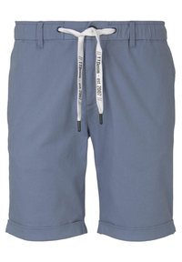 Bermudas de algodón azules para hombre con dobladillos enrollados, que cuentan con una cintura elástica y un cordón blanco con puntas negras. Diseño simple y versátil.