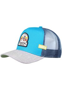 Gorra de camionero azul con visor gris, que presenta un logotipo de oso bordado y texto. Paneles laterales de malla, ajuste ajustable y una etiqueta amarilla brillante.