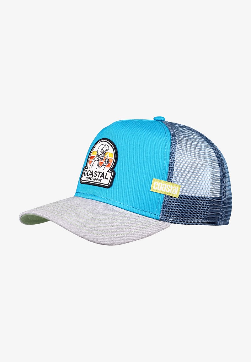 Blå trucker caps med grå skjerm, som har en brodert bjørnelogo og tekst. Mesh sidepaneler, justerbar passform og et lys gult merke.