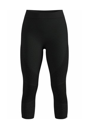 Schwarze sportliche Leggings mit strukturierten Bereichen und Netzakzenten, ausgestattet mit einem hohen Bund und einer cropped Länge. Entwickelt für Komfort und Beweglichkeit.