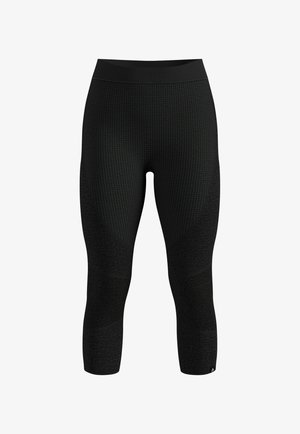 Schwarze sportliche Leggings mit strukturierten Bereichen und Netzakzenten, ausgestattet mit einem hohen Bund und einer cropped Länge. Entwickelt für Komfort und Beweglichkeit.
