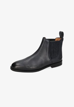 Schwarze Chelsea-Stiefel aus Leder mit strukturierten Oberflächen, elastischen Seiteneinsätzen und einem glatten, runden Zehenbereich. Mit einer niedrigen, schwarzen Sohle.
